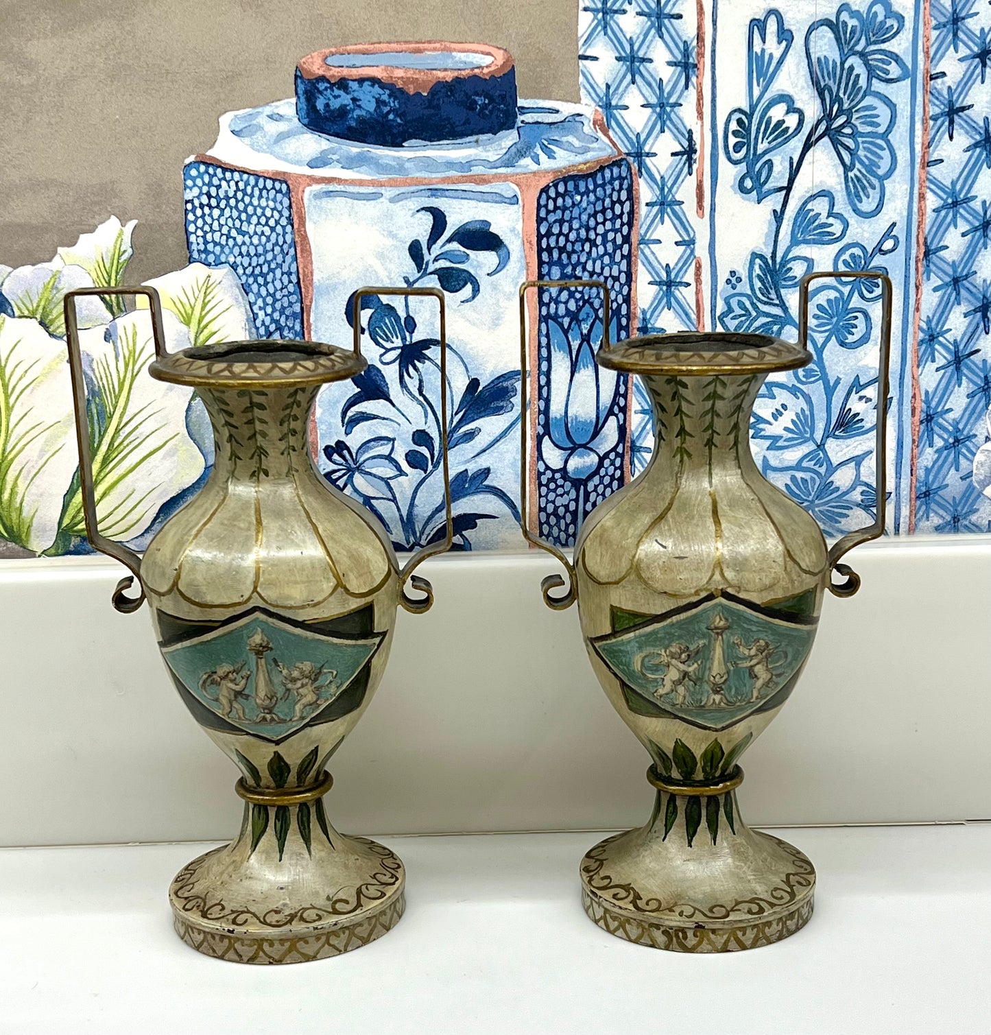 Pair Vintage Tole Urns