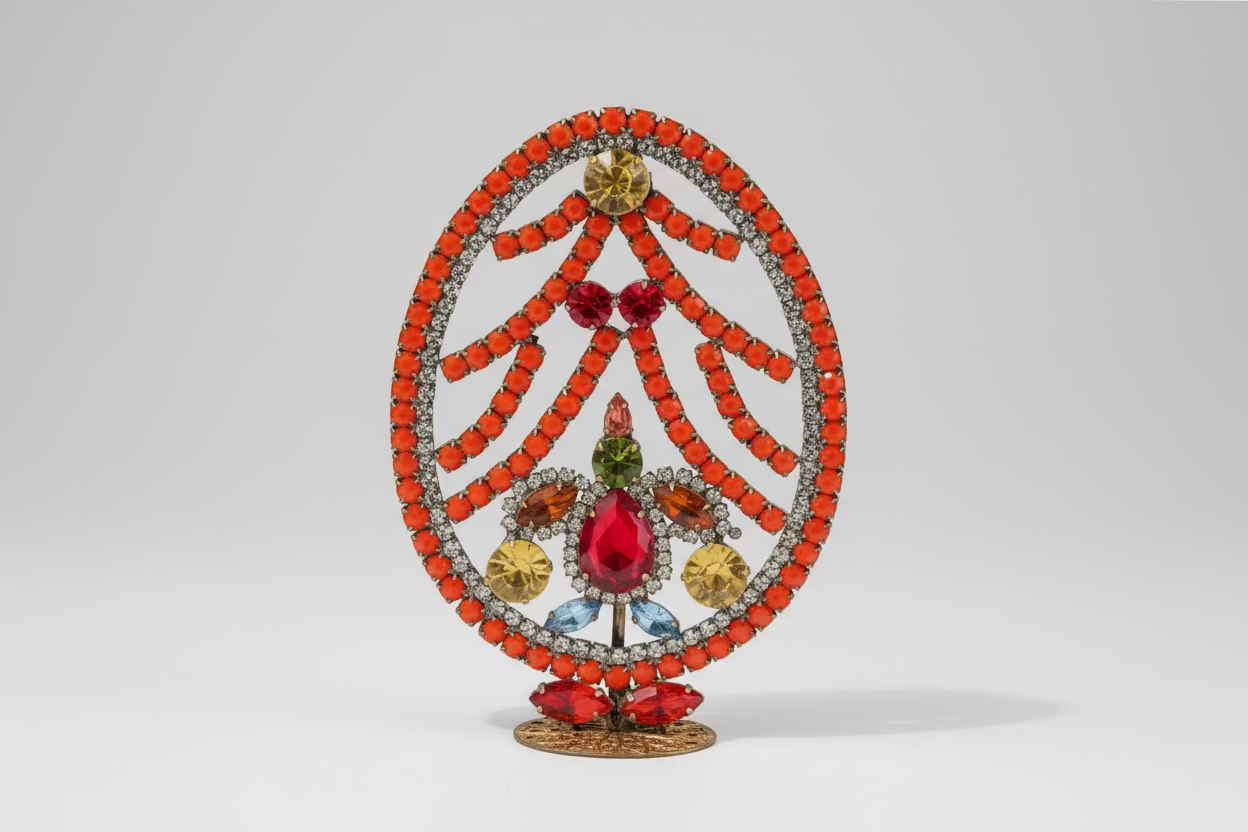 Decorative object with red and gold stones on a neutral background