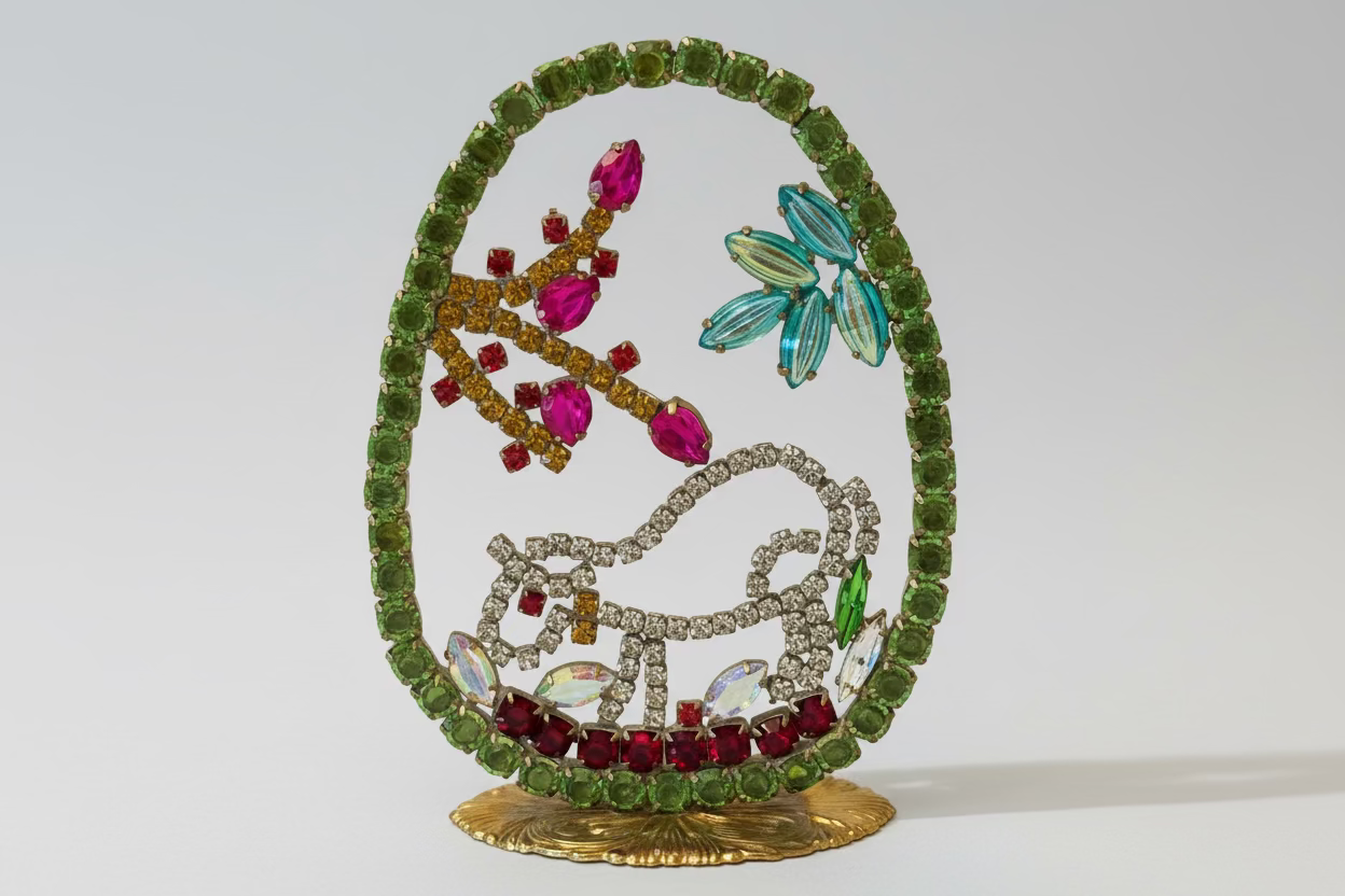 Decorative item with colorful gemstones on a neutral background