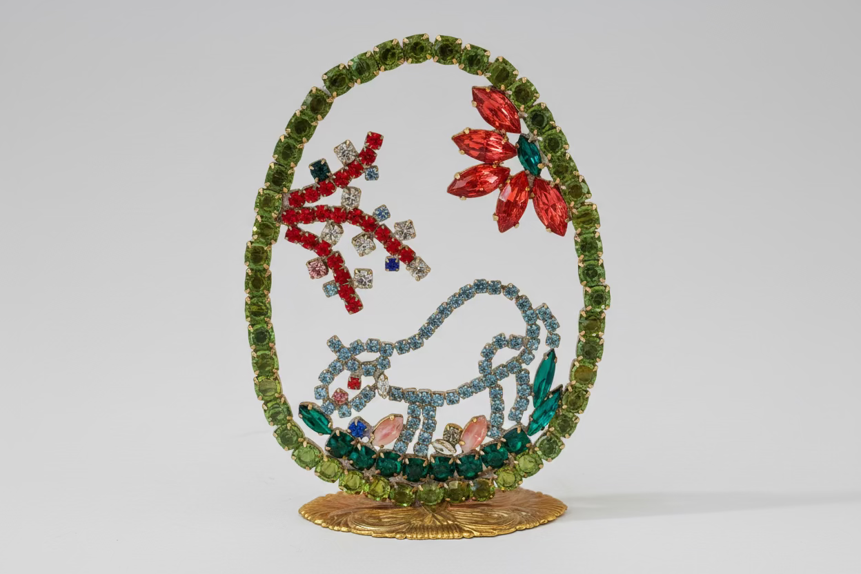 Decorative item with a lamb and floral design encircled by gemstones on a beige background.