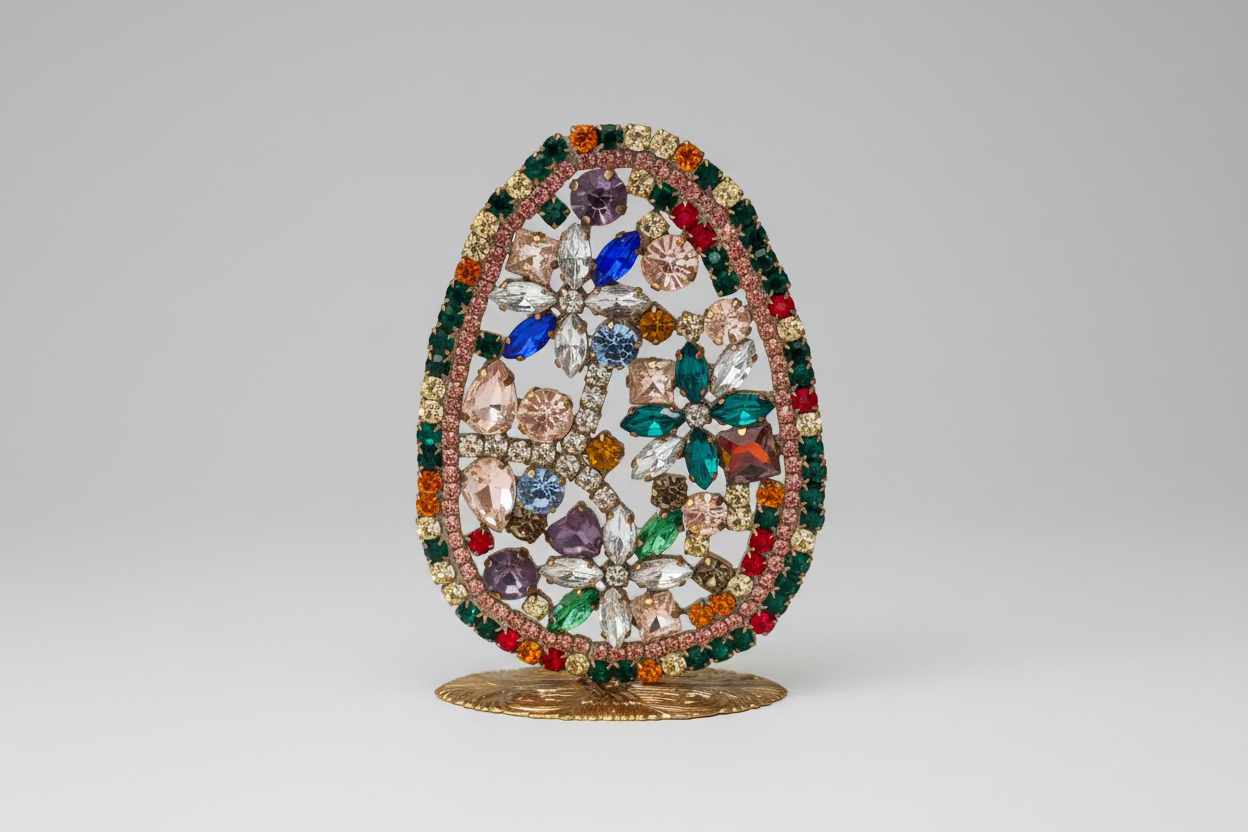 Decorative egg-shaped object with multicolored gemstones on a beige background
