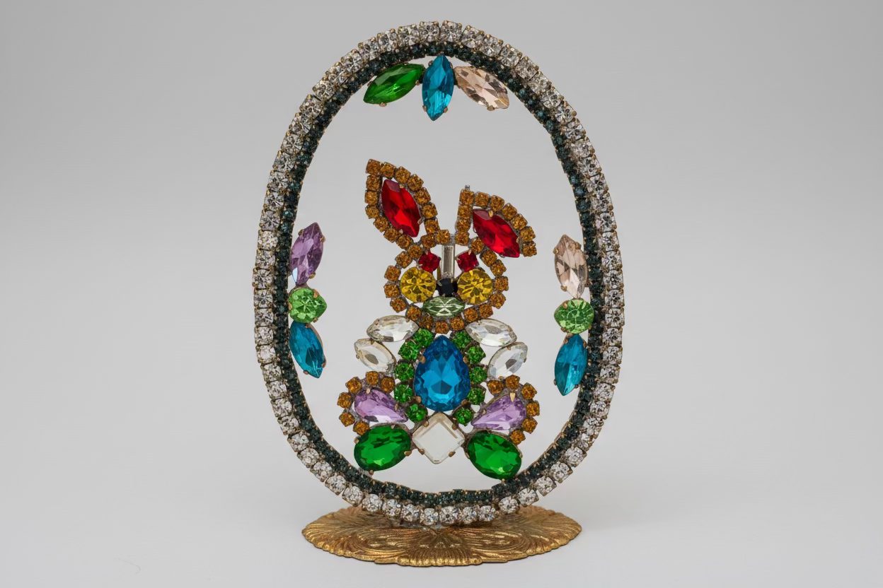 Decorative piece with colorful gemstones on a beige background