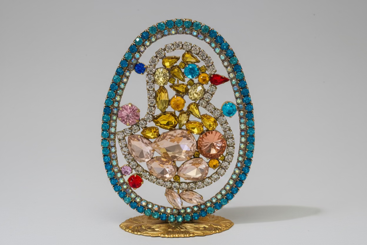 Decorative object with multicolored gemstones on a beige background