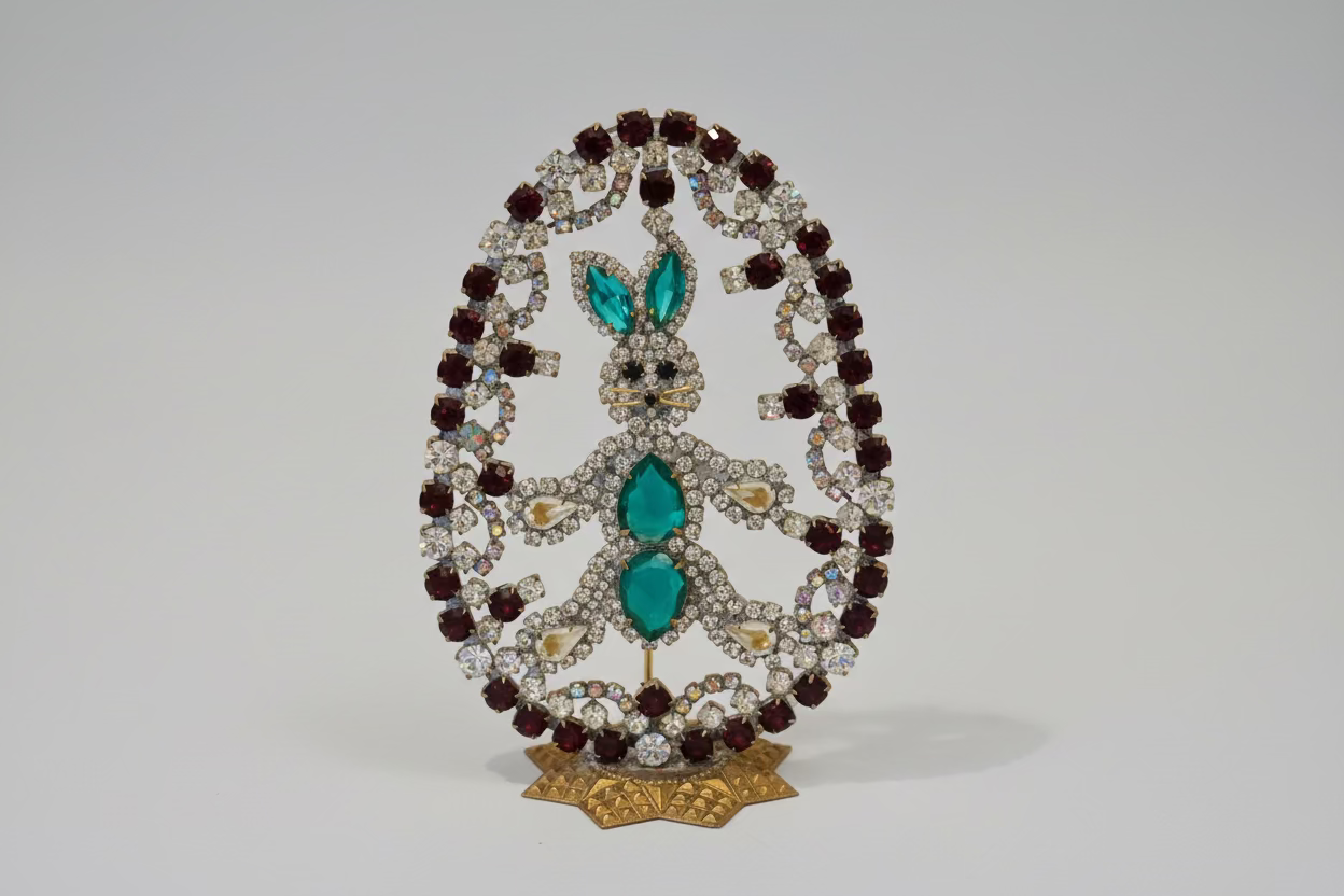 Decorative bunny figure with gemstones on a beige background