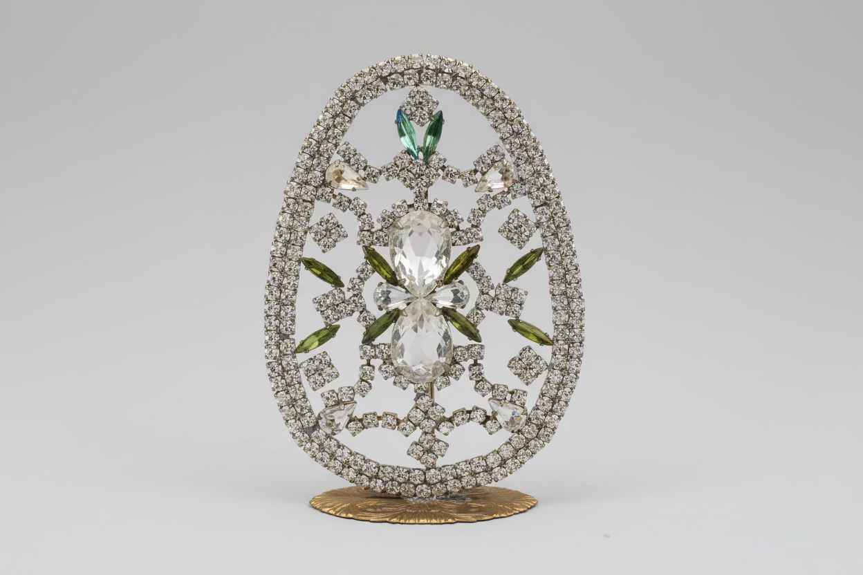 Decorative object with intricate design and rhinestones on a beige background