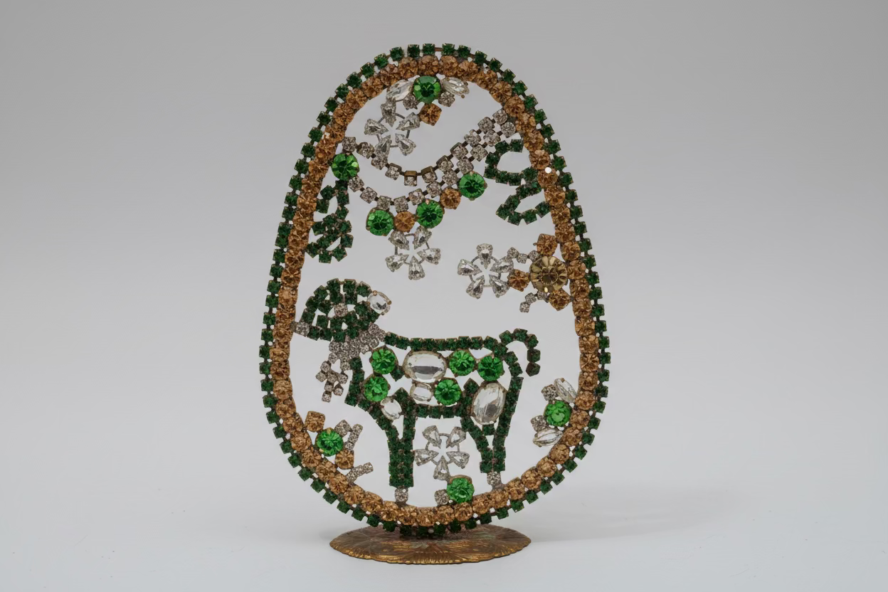 Decorative piece with green and gold elements on a beige background