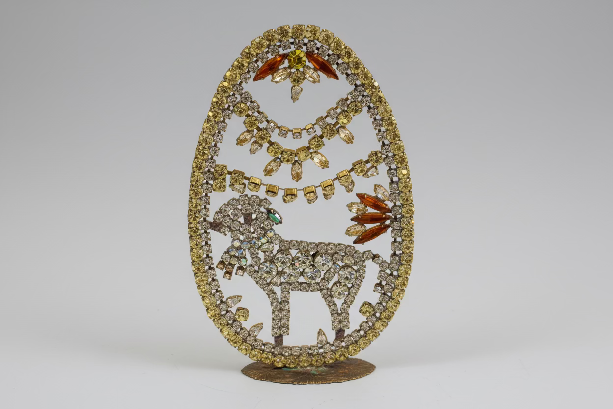 Decorative piece with a lamb and floral design on a beige background