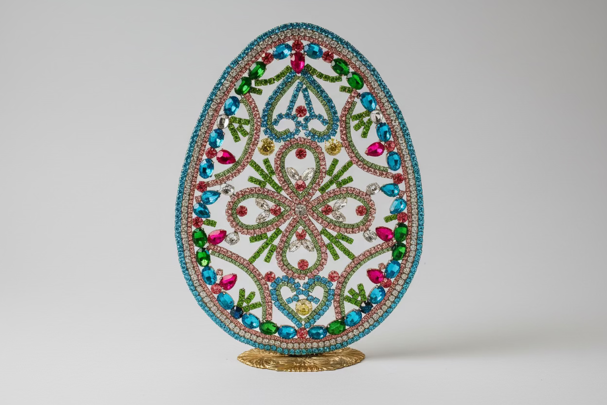 Decorative egg with colorful gemstones on a beige background