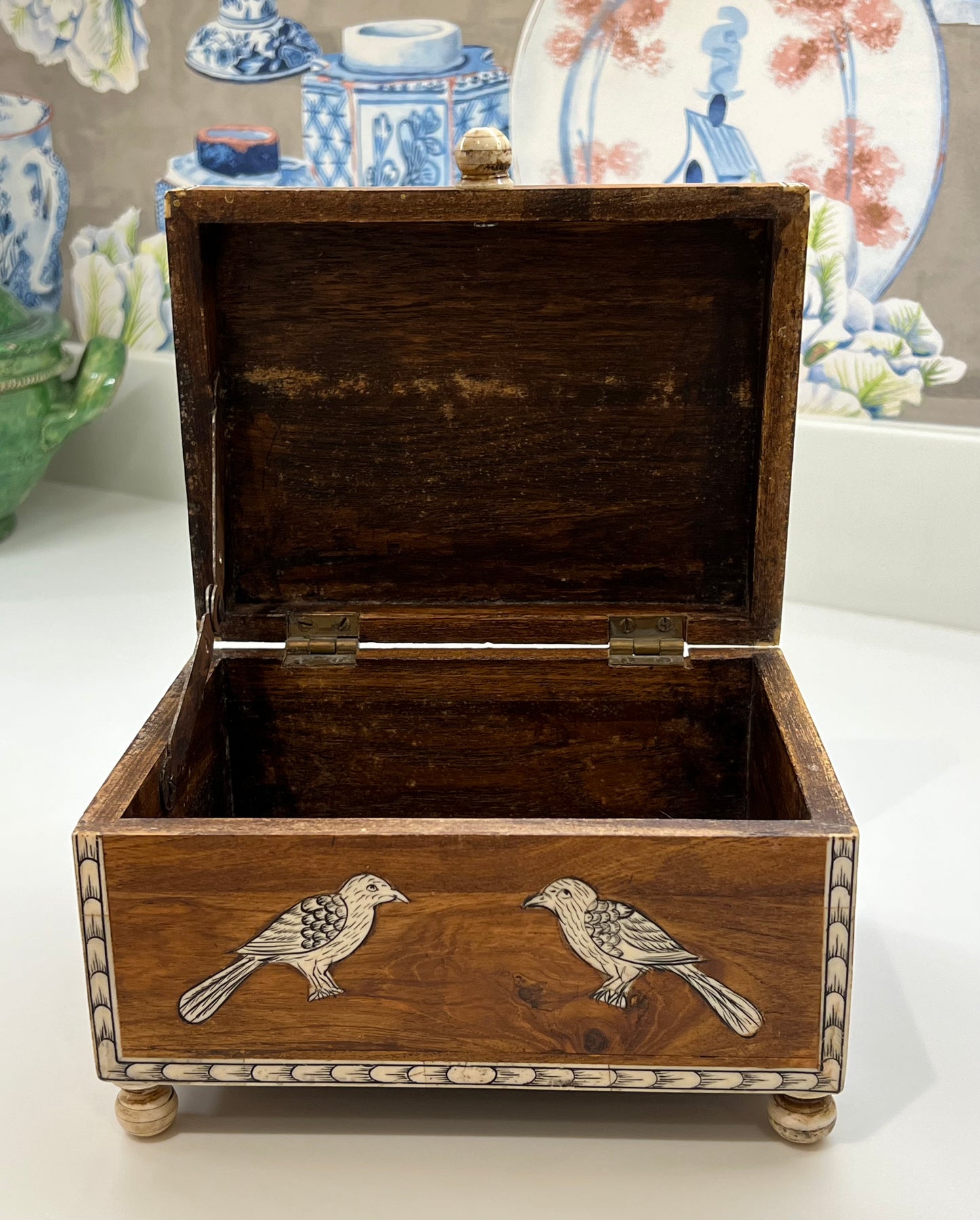 Bone Inlaid Bird Design on Wooden Box