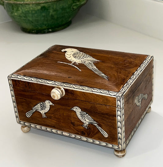 Bone Inlaid Bird Design on Wooden Box