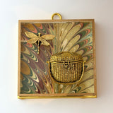Acrylic Frame with Marbled Paper with Nantucket Basket and Dragonfly / Slight Imperfections
