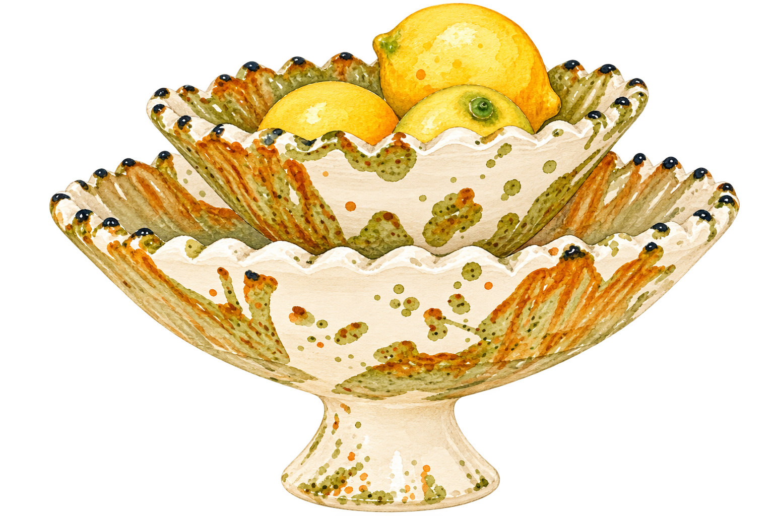A decorative ceramic pedestal bowl set with two nested scalloped bowls, shown filled with lemons on a plain white background. The bowls have an off-white base with orange and olive-green speckled and brushstroke patterns, and dark tips along the rims.