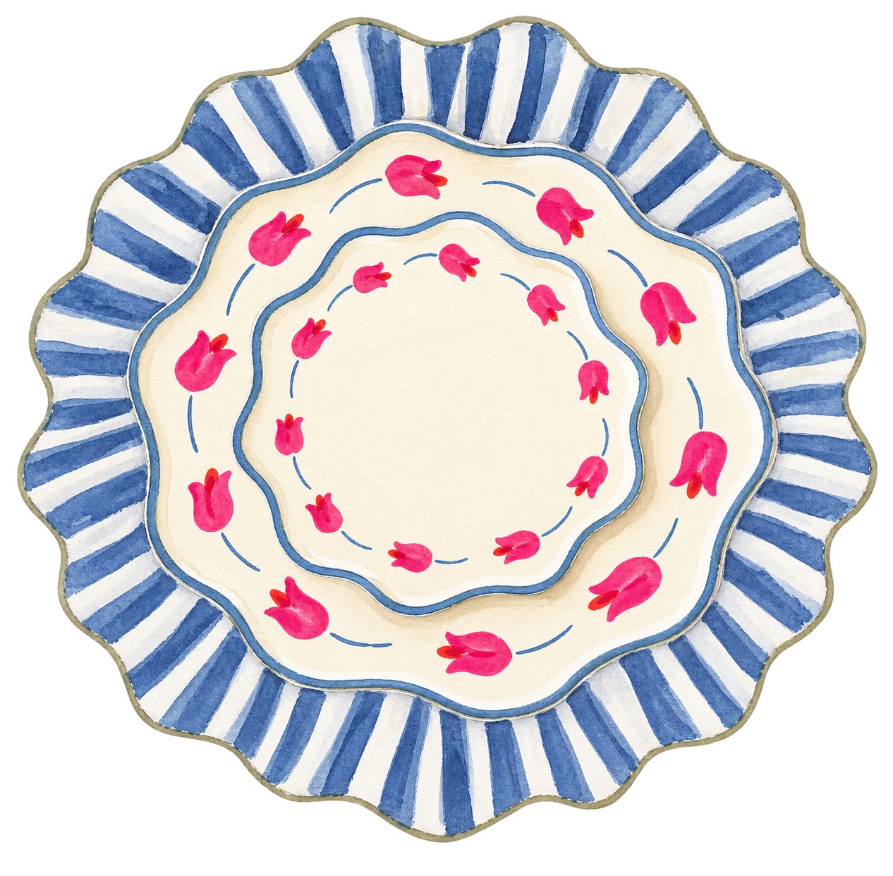 A decorative ceramic plate with a scalloped edge, featuring blue and white stripes on the outer rim, a cream center, and pink tulip motifs arranged in concentric circles.