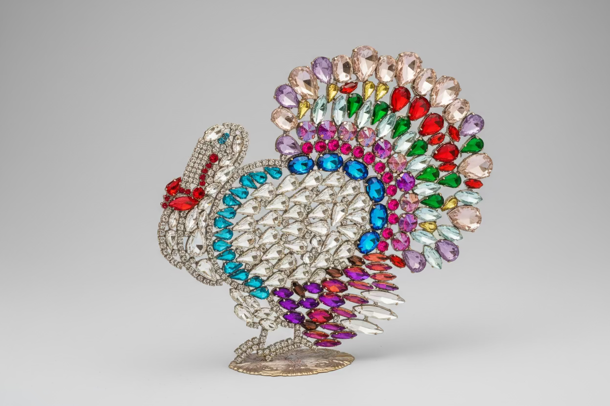 Decorative brooch shaped like a turkey with multicolored gemstones on a beige background