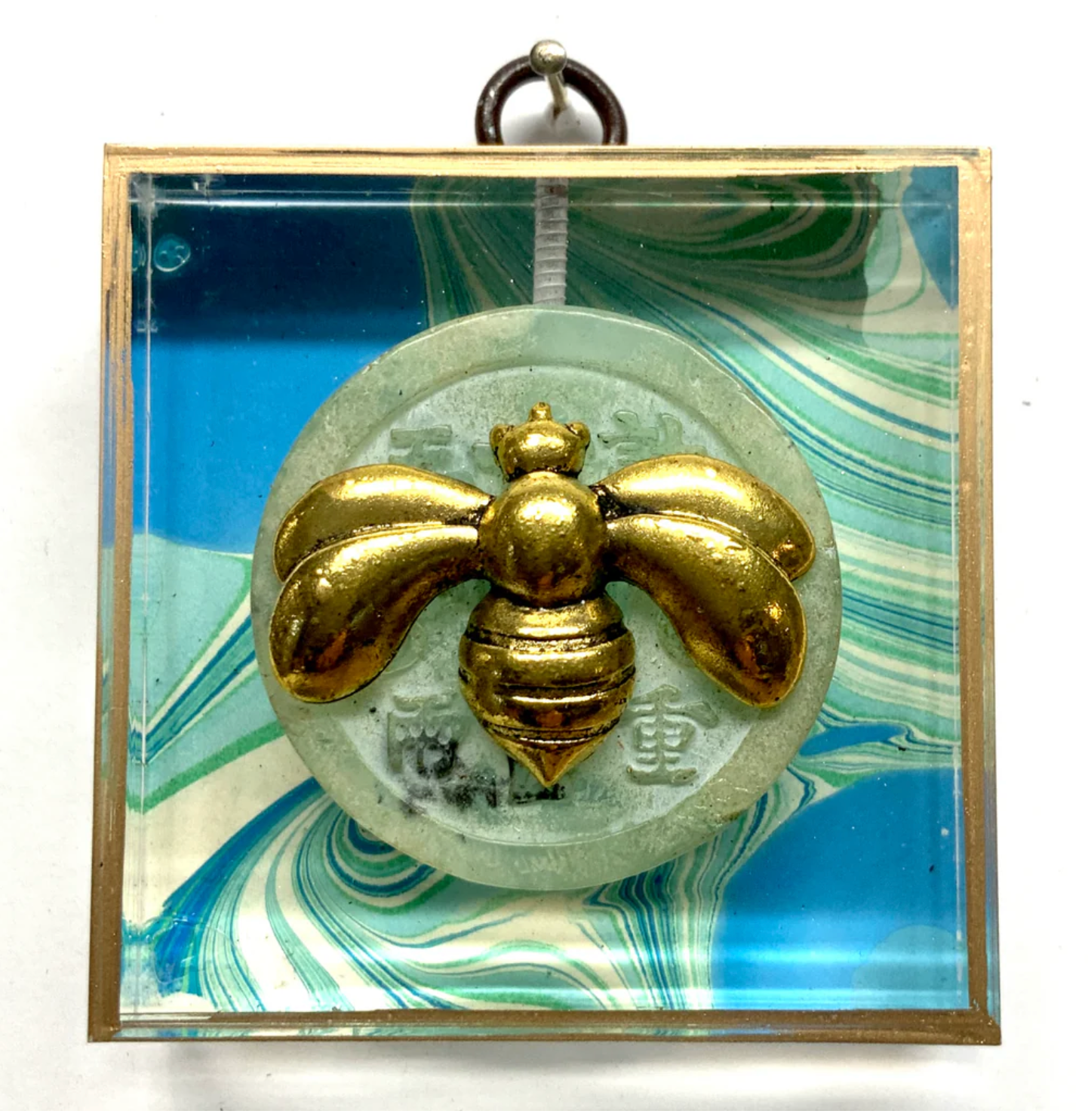 Marbled Paper backed Acrylic Frame with Deco Bee on Jade  / Slight Imperfections